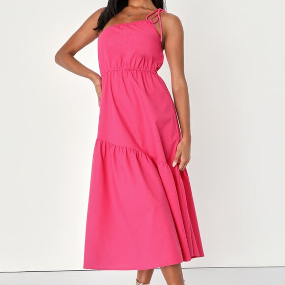 Lulus Gorgeous Instinct Hot Pink Asymmetrical One-shoulder Midi Dress - Size XS - Picture 1 of 1